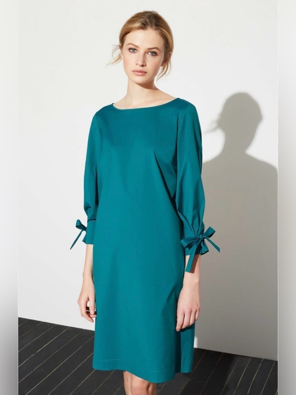 Lafayette 148 Teal Shift Dress Tie Sleeve Size L Minimal Elegant